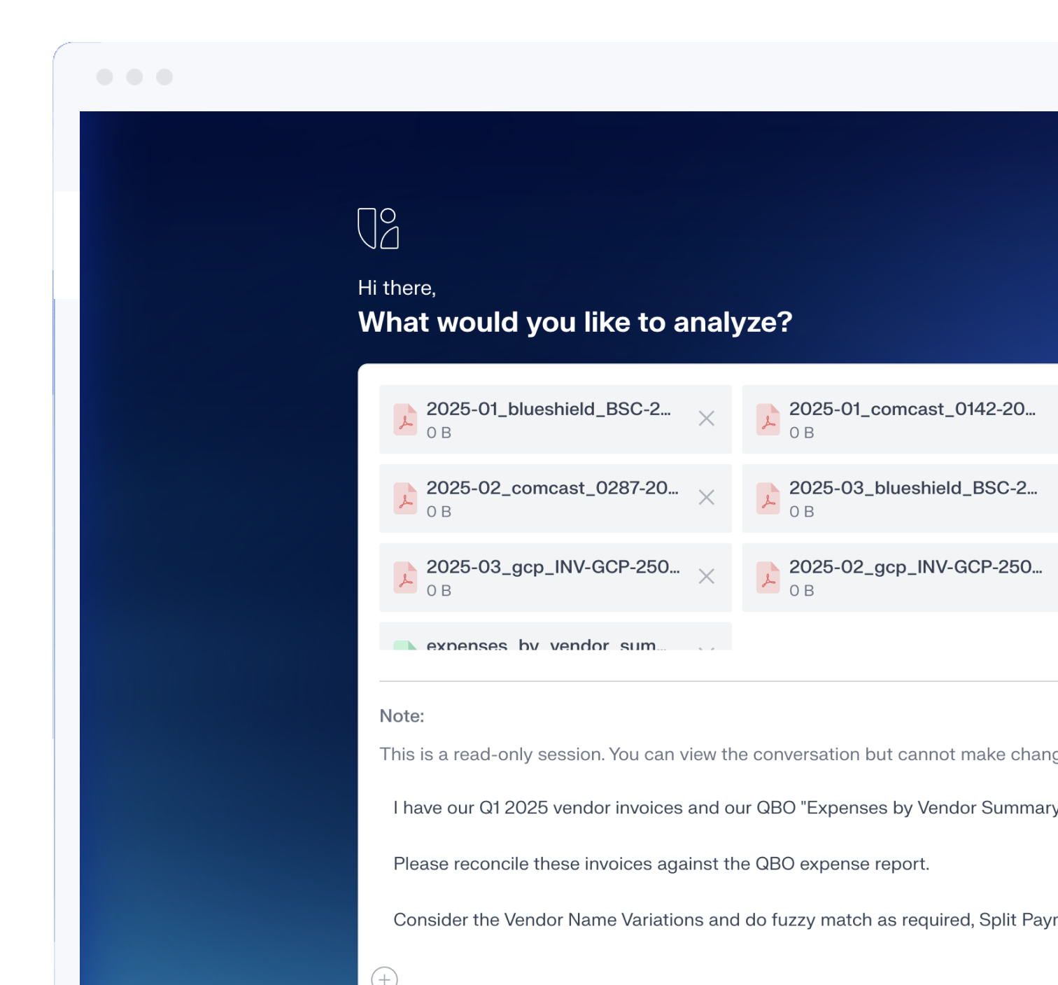 Financial data reconciliation dashboard interface showing file upload section with multiple PDF files listed and a note explaining reconciliation instructions for Q1 2025 vendor invoices and expense reports.