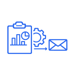 Automated reporting icon with analytics dashboard, gear, and message delivery representing scheduled business reports.