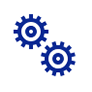 Two interlocking blue gears representing teamwork or mechanical processes.