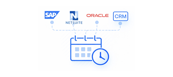 Icons of SAP, NetSuite, Oracle, and CRM connected by dotted lines to a calendar with a clock symbolizing ERP and CRM integration for production data scheduling.