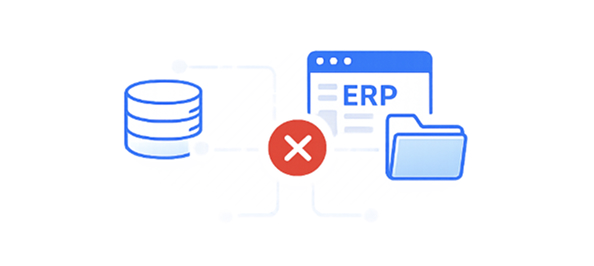 Diagram showing a data silo disconnected from an ERP system interface and file folder, indicated by a red cross icon.